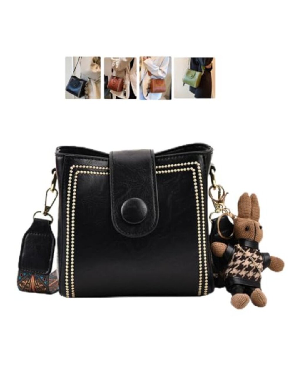 Vintage Bucket Crossbody Bag Wrinkle-Resistant Adjustable Strap Bunny Charm